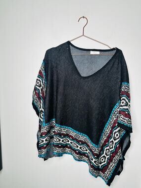 PRONTO Black Teal V-Neck Midwestern Fits Most Poncho Top One Size